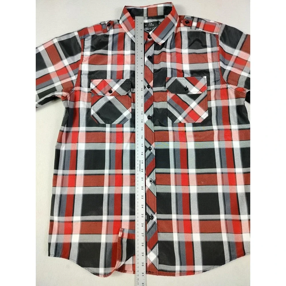 Brooklyn State Shirt Mens XL Red Plaid Short Sleeve Button Up Streetwear Summer